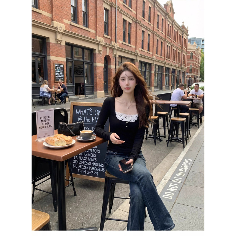 In-Stock 260g Rayon Polka Dot Lace Patchwork Long-Sleeve T-Shirt, Stretchy, Versatile for Spring, Slim-Fit, Flattering, Suitable as an Inner Layer