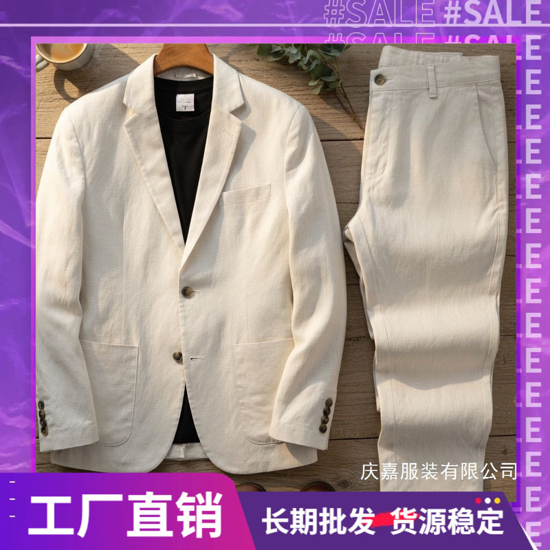 Linen Suit Set, Loose Casual Fashion Solid Color Jacket, Cotton and Linen Single-Breasted Wholesale