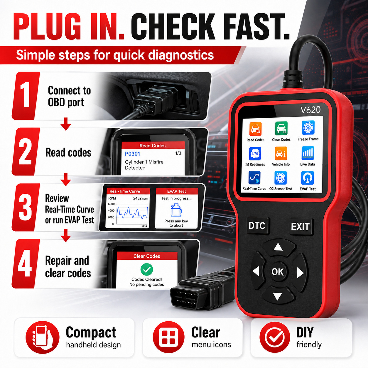 V620 car fault detector diagnostic device OBD2 decoder eraser universal display screen precise decoding