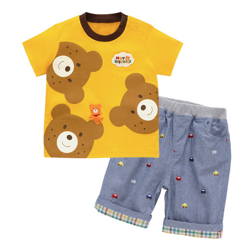 miki children's clothing summer new style cartoon pockmarked bear print short-sleeved T-shirt color matching top for boys and girls