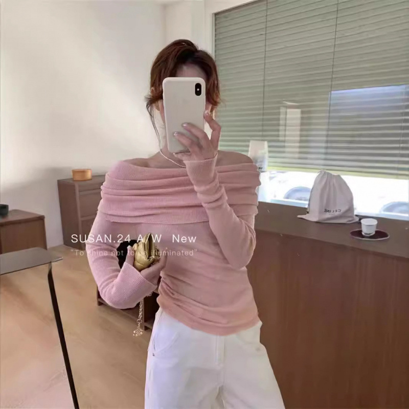 法式一字肩露肩针织打底衫女长袖内搭秋冬毛衣修身高级感锁骨上衣|undefined