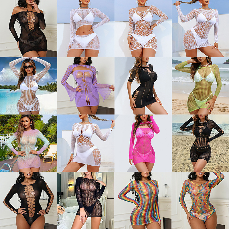 Cross-Border Foreign Goods Sexy Lingerie Hollow-Out Long-Sleeve Jacquard Mesh Dress Fashionable Slim-Fit Beach Fishnet Bodycon Skirt