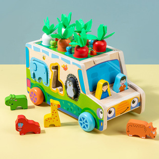 Wooden Simulation Farm Fruit and Vegetable Pulling Radish Catch Insect Shape Cognitive Matching Intelligence Car Puzzle Early Childhood Education Toy
