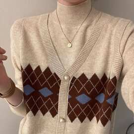 别致针织上衣美假两件秋冬半高领新款菱格针织衫套头拉德小众打底