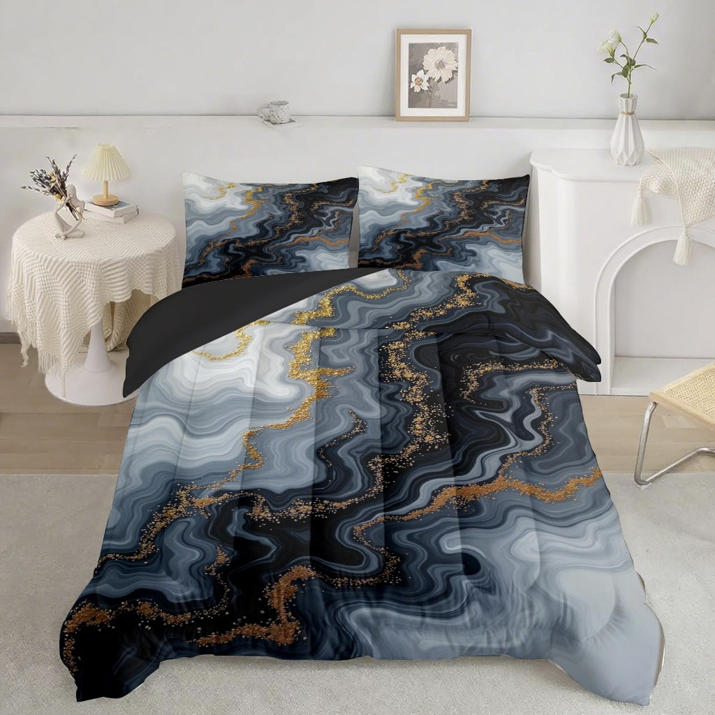 TEMU / JIT transfronterizo textil doméstico negro oro movimiento arena impresión digital 3D 180gms colcha colcha almohada set fuente fabricante