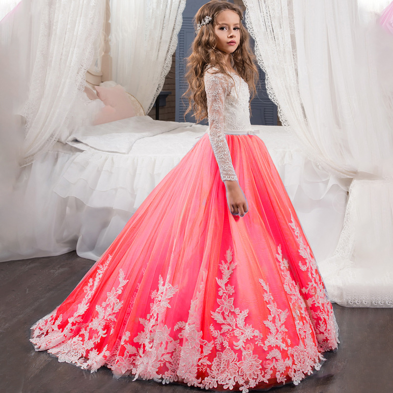 Ropa transfronteriza para niños nuevos Comercio exterior Encaje europeo y americano Manga larga Pequeño vestido de novia de niña de flores pequeñas Pettiskirt de niñas