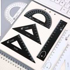 Multifunctional ruler set for primary school students, black and white iron straight ruler, triangle ruler, protractor, box set, wholesale four-piece set