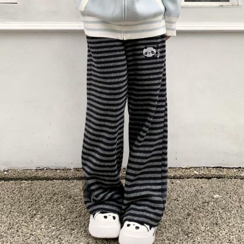 Korean-style cute cartoon panda embroidered striped long pants, new spring and autumn simple loose casual walking pants for home use