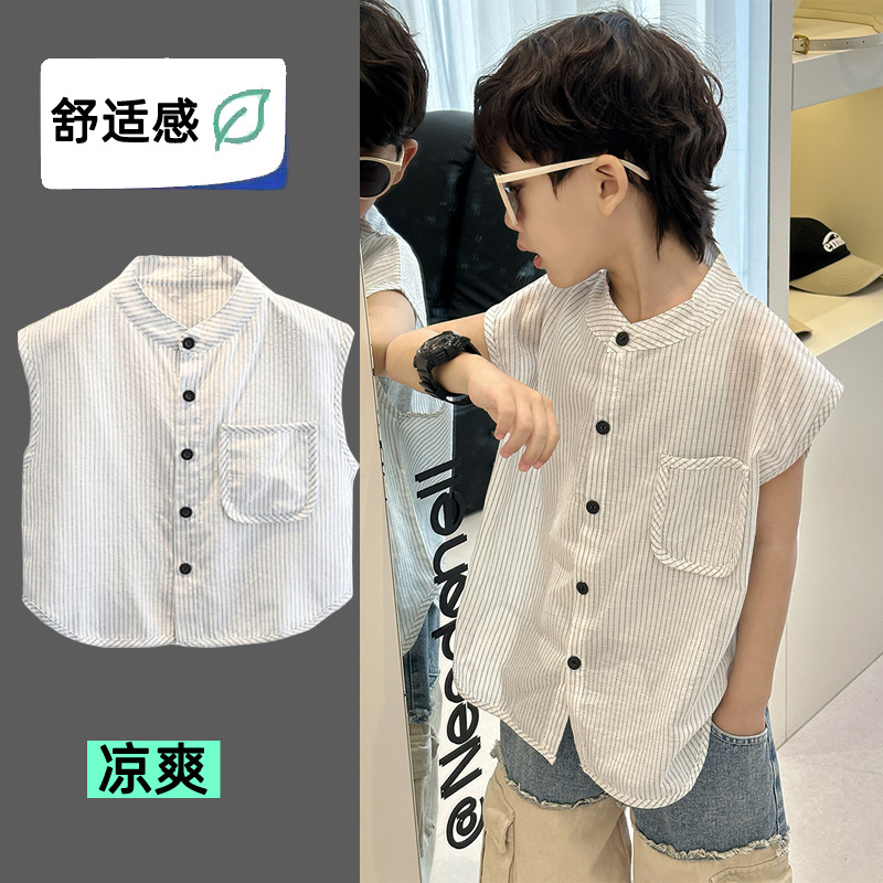 7942 Camiseta de manga corta coreana para niños Verano 2025 Nueva camisa de rayas finas para niños Camisa de chaleco sin mangas