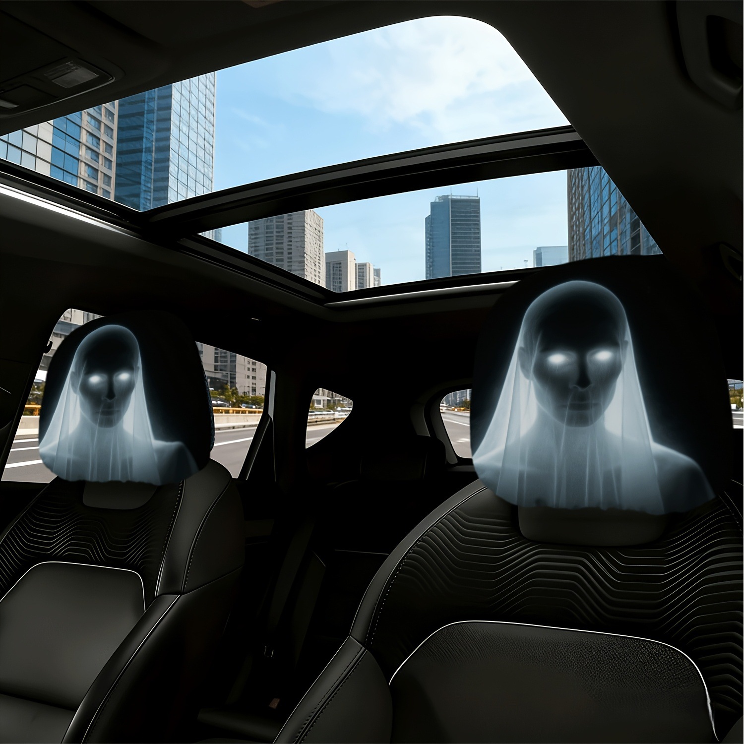 Car Headrest Cover with Ghost Bride and Glowing Eyes, Personalized Print, Universal for Car Interiors, Can Be Labeled and Shipped on Behalf of Others, Made According to Your Image