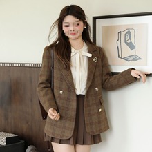 大码女装胖秋正肩格纹西装外套毛呢大衣搭配衬衫复古半裙