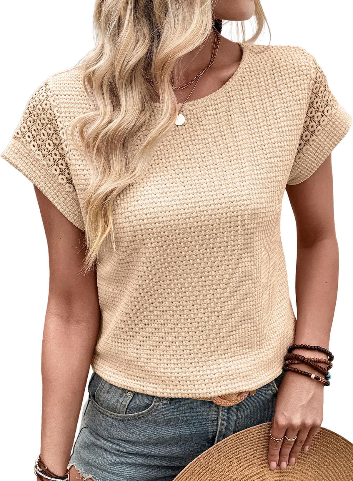 Summer Women's Round Neck T-Shirt Lace Hollow Out Short Sleeve Waffle Knit American Style New_ecoleips.com