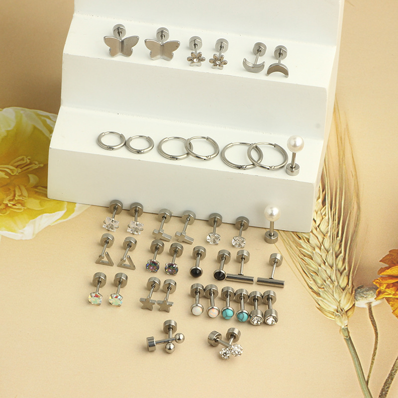 Stainless Steel Round Cake Lip Stud Earring Set for Women Fashion Cartilage Ear Bone Stud Body Piercing Jewelry detail image 8