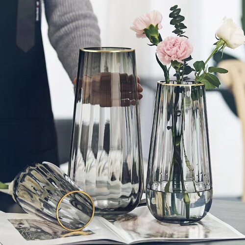 Nordic ins style gold vertical glass vase water grown flowers internet celebrity living room vase ornaments wholesale