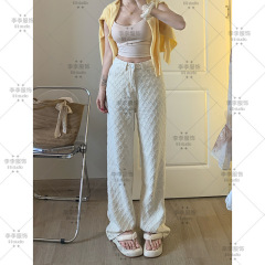 白色宽松菱格小香阔腿牛仔裤女2025年夏季新款高腰显瘦休闲阔腿裤