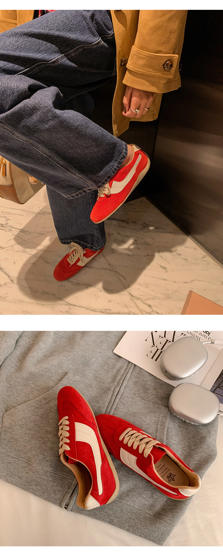 Giày sneaker nữ đế bệt mũi tròn dây buộc da thật phối màu phong cách Đức — Màu nâu chi tiết 12