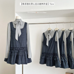2025复古学院风格纹背心吊带连衣裙女秋季长袖打底衫上衣两件套