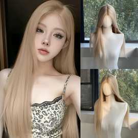 假发女长直发金色中分刘海化纤机制头套欧美外贸高温丝玫瑰网wigs