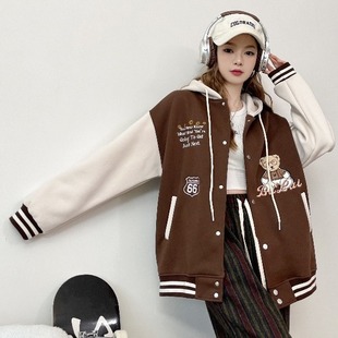 American hooded baseball uniform girls' spring and autumn clothing 2024 New color matching sleeve loose casual all-match retro coat