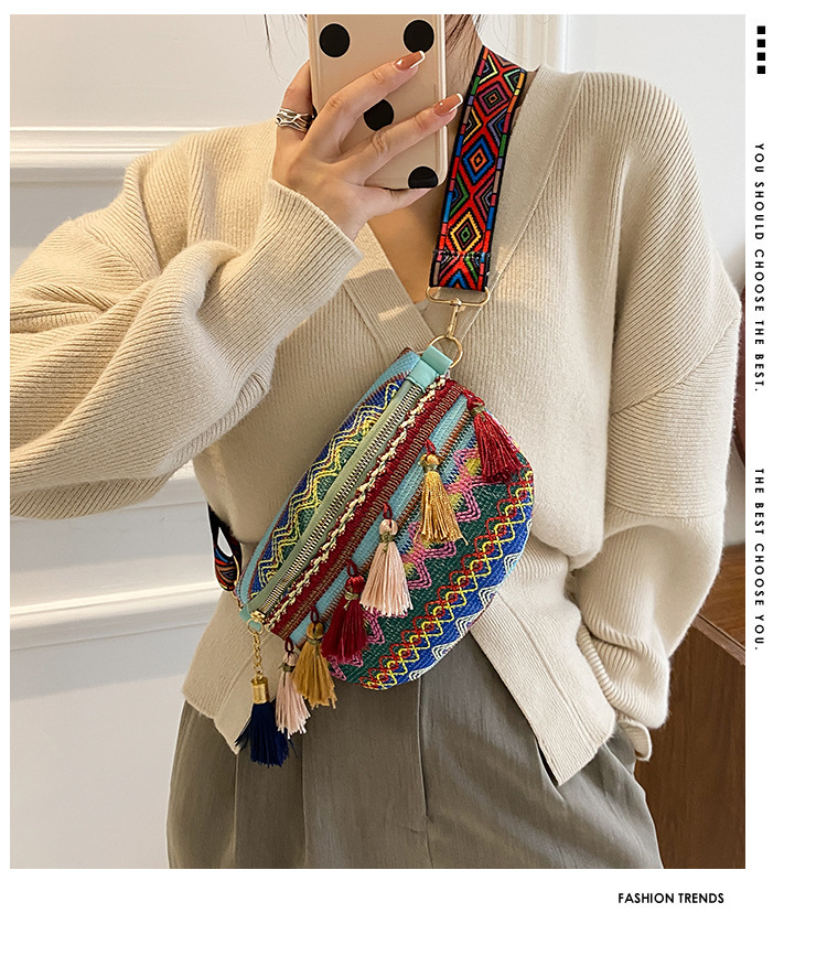 Venda quente pequeno peito perfumado tecido estilo étnico cor contrastante borla nova fita cintura bolsa crossbody tendência_voghion.com