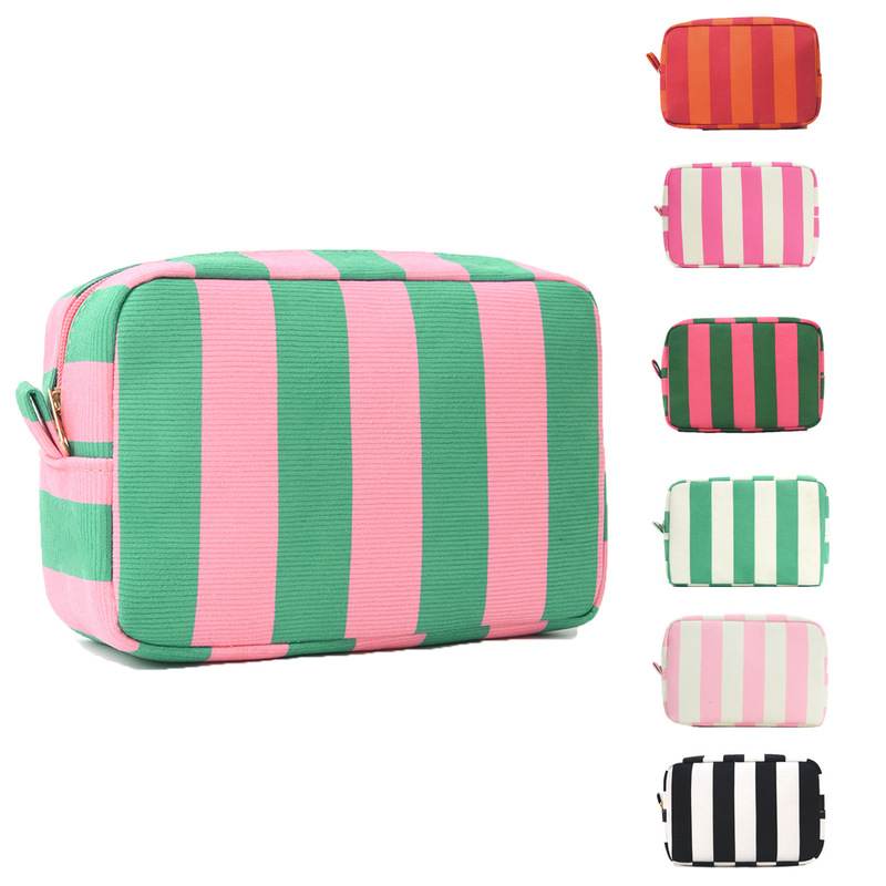 Corduroy Color-Blocked Striped Makeup Bag, Portable Travel Toiletry Bag, Octagonal Storage Bag with Large Opening Corduroy Color-Blocked Striped Makeup Bag, Portable Travel Toiletry Bag, Octagonal Storage Bag with Large Opening