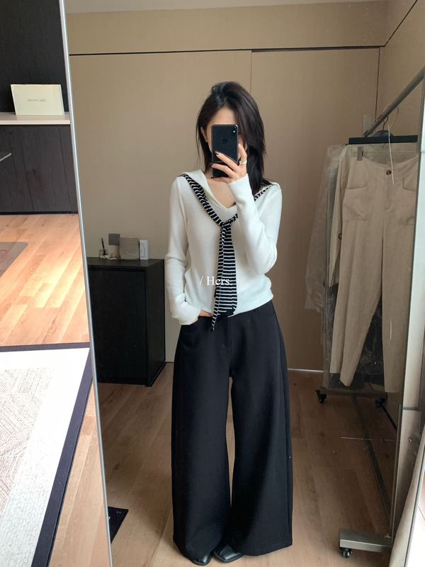 韩系海军v领假两件条纹针织上衣女秋冬修身显瘦软糯长袖t恤打底衫|undefined