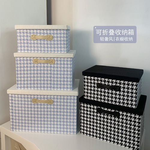 BB4C wholesale wardrobe storage houndstooth folding box with lid large clothing wardrobe underwear organization