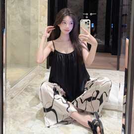 性感睡衣女冰丝印花带胸垫夏季吊带长裤仿真丝新款家居服可外穿