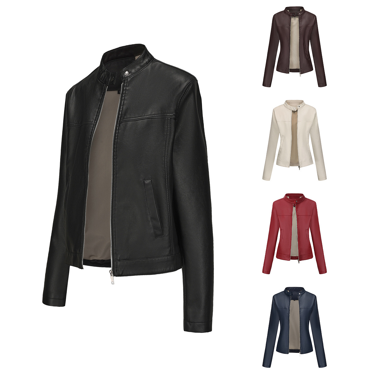 25 Spring and Autumn New Casual Leather Jacket Women's Fashion European and American Street European and American Size Stand Collar Jacket Cross-Border Motorcycle Jacket