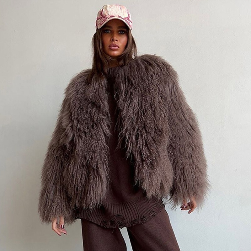 New foreign trade fashion coat short imitation fur green fur coat long sleeve plush brown coat