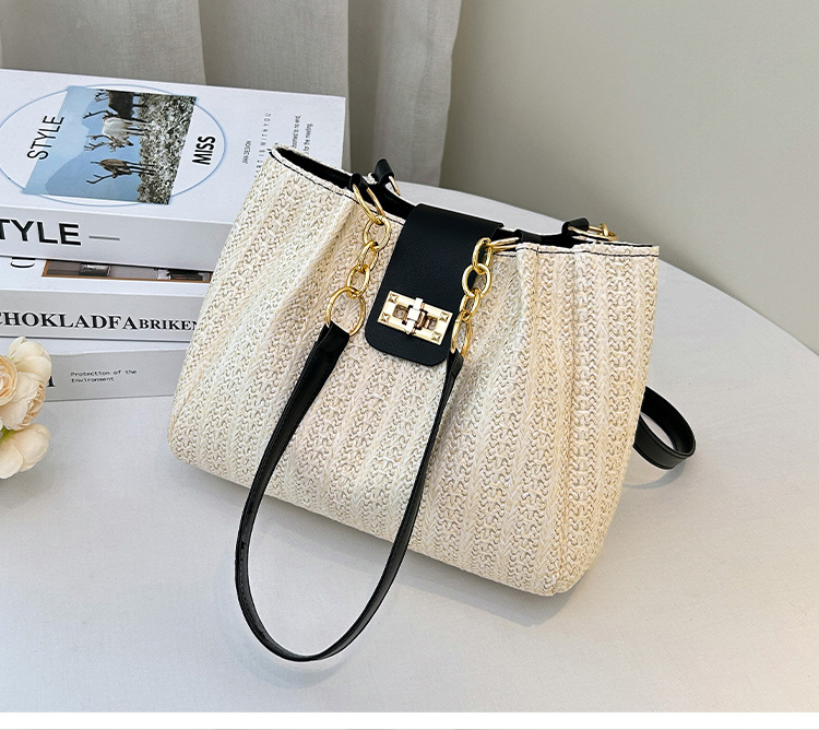 360g Weight Polyester Lining Material Lock clasp Closure Type Double Handle Strap Type Tote Bag Bags Type Daily Occasion Pu Leather, Straw Material Color Block Pattern All Seasons Season Women's Gender Streetwear Style Bucket Shape Medium Size Women's Medium Pu Leather Straw Color Block Streetwear Bucket Lock Clasp Tote Bag 13