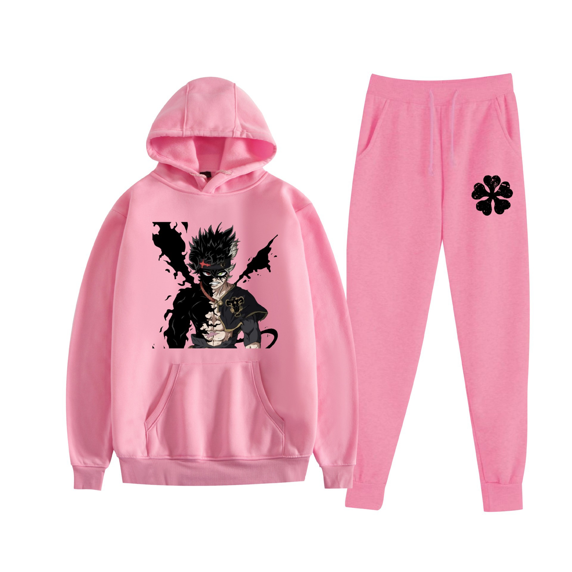 Europa y América otoño e invierno negro trébol de cuatro hojas periférico bidimensional hombres y mujeres deportes de ocio más suéter con capucha de terciopelo traje al por mayor