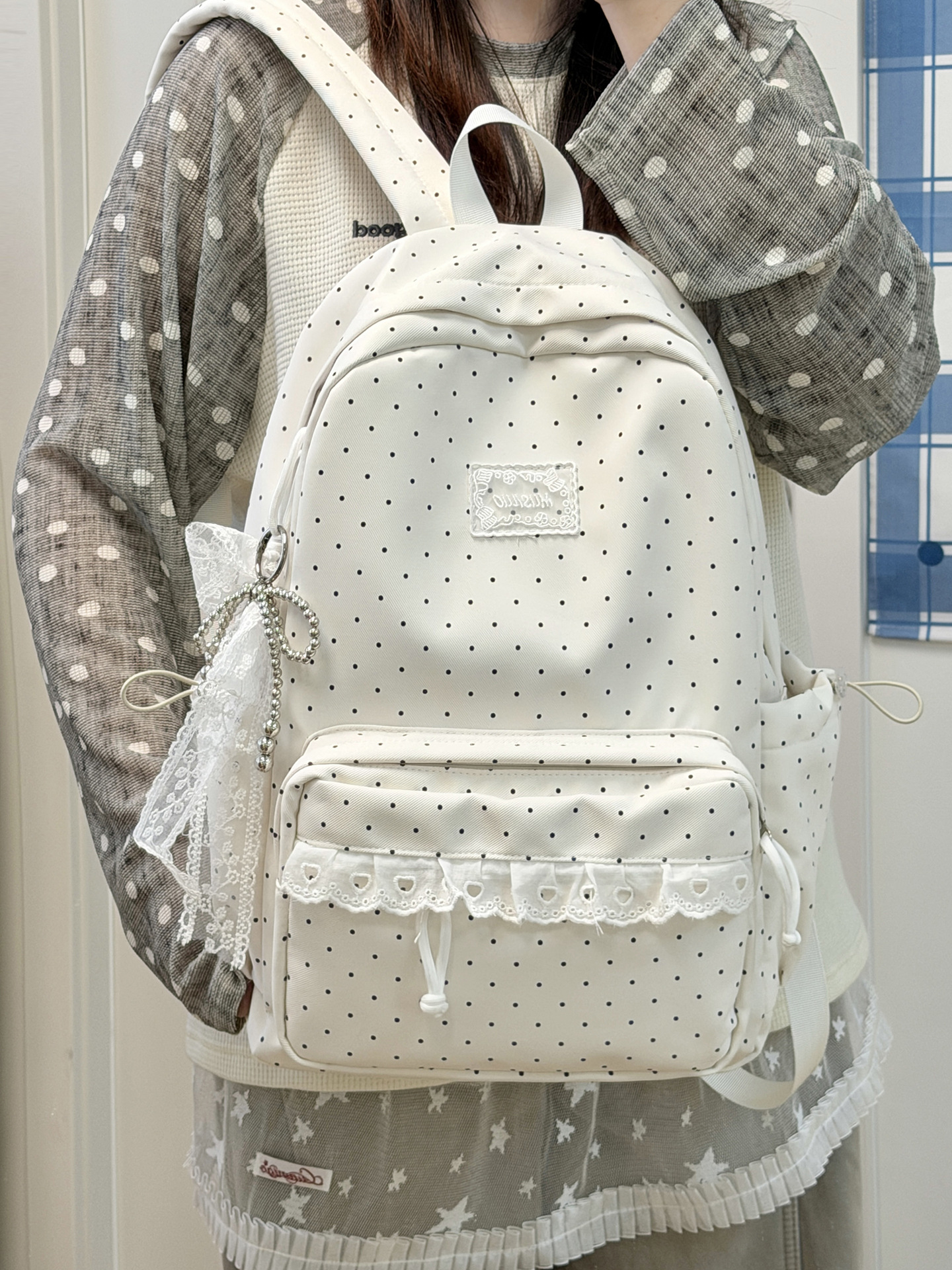 Polka Dot Lace Trim Spacious School Backpack 31