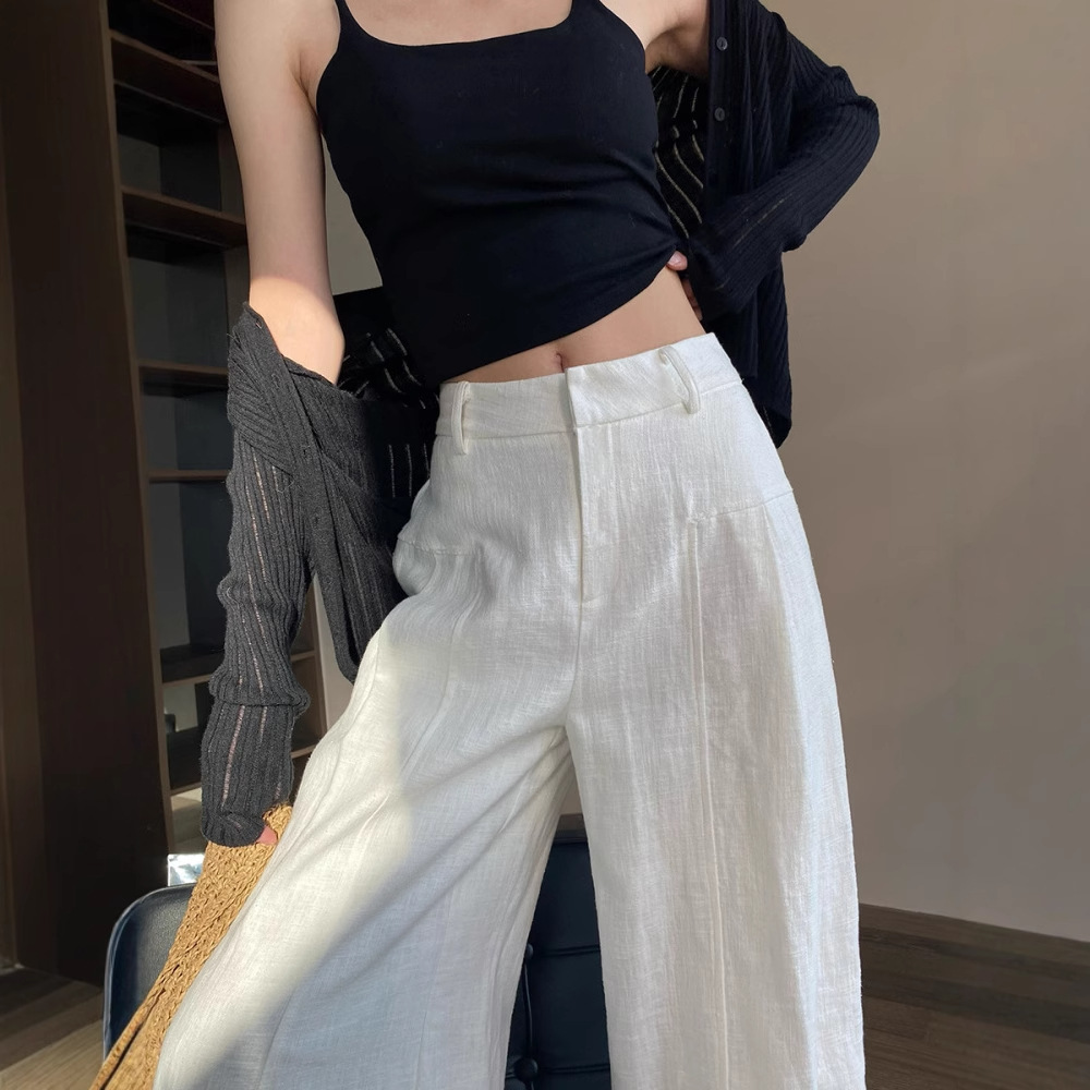 White Cotton and Linen Wide-Leg Pants for Women 2025 Autum Thin High-Waisted Loose Slimming Look Draped Linen Casual Suit Pants