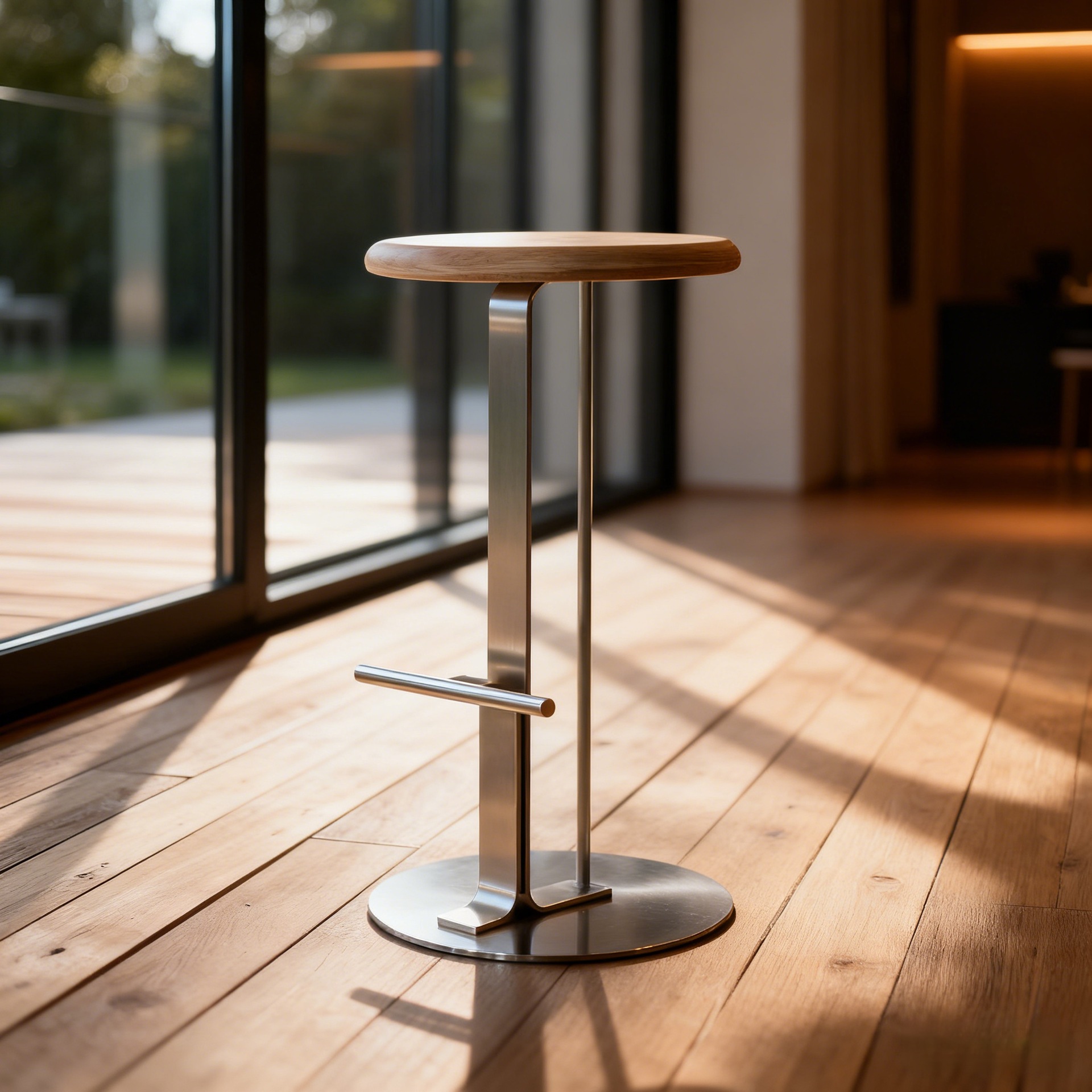 Italian Minimalist Solid Wood Seat Stainless Steel Bar Chair Hotel Cafe Tavern Light Luxury Style High-End Bar Stool