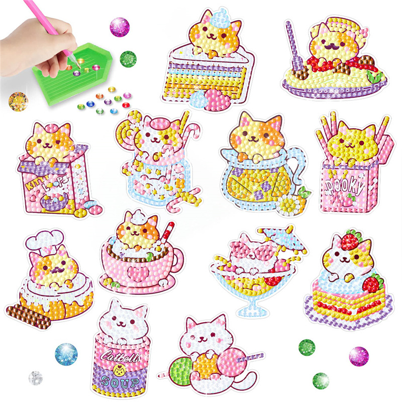 Pintura de Diamantes para Niños, Pegatinas de Diamantes Hechas a Mano, Pegatinas de Dibujos Animados, Pegatinas de Gato y Hamburguesa, Mosaico de Cristal, Venta al por Mayor