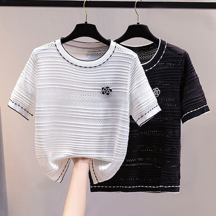 Xiao Xiang style short sleeve top women's 2022 new white T-shirt loose short round neck ice silk sweater 1258