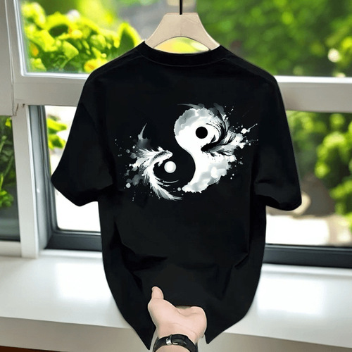 High-Quality Men's Clothing: Men's Trendy Personality Printed Short-Sleeve T-Shirt Summer Pure Cotton Korean Style Versatile Round Neck Top