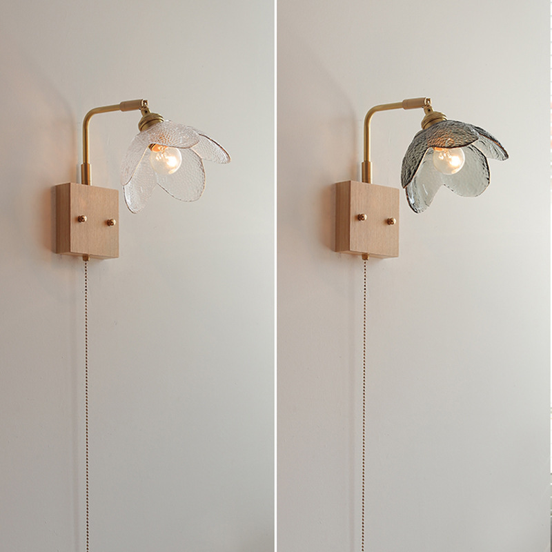 Bedside lamp wall lamp bedroom rocker arm Japanese art glass background wall simple log decoration with switch drawstring