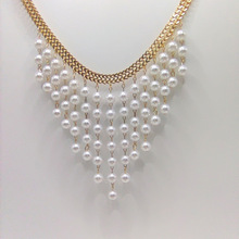 欧美跨境饰品 多层长款珍珠流苏项链 新款夸张设计珍珠围兜项链