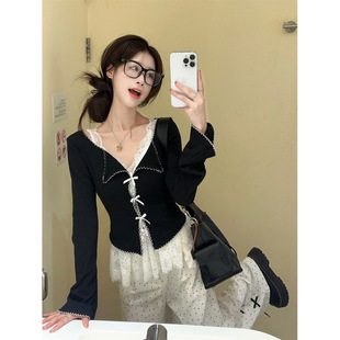Casual Suit Black Slim Lace Camisole Long-Sleeved Bow Layered Cardigan Women's Early Autumn