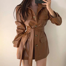 韩国chic秋冬季女装复古深棕色帅气pu皮系带中长款机车皮衣外套女