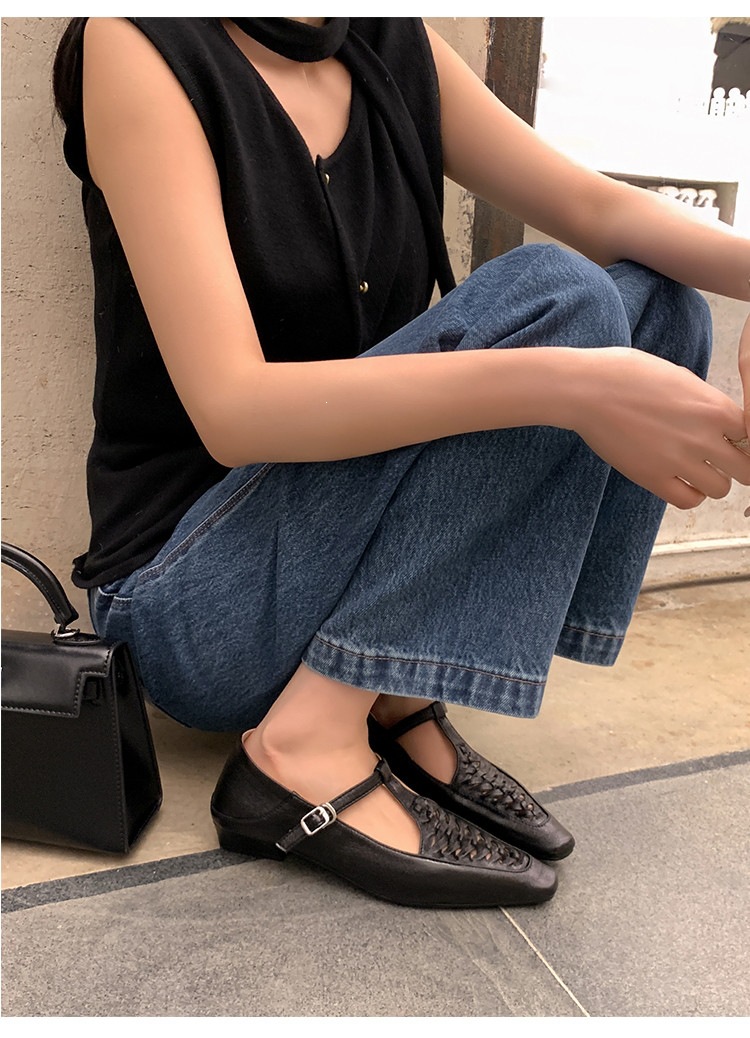 Giày Mary Jane nữ đan T-Strap da thật mũi vuông đế bệt — màu đen, bạc chi tiết 6