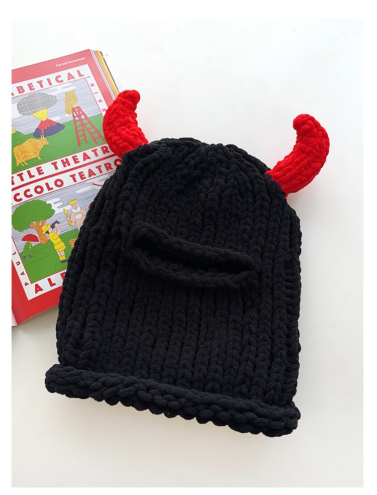 Little Devil Horns Smešna maska Pulover Kapa Moška in ženska Jesenska in zimska topla zaščita za ušesa Integrirana kapa Debela volnena pletena kapa_voghion.com