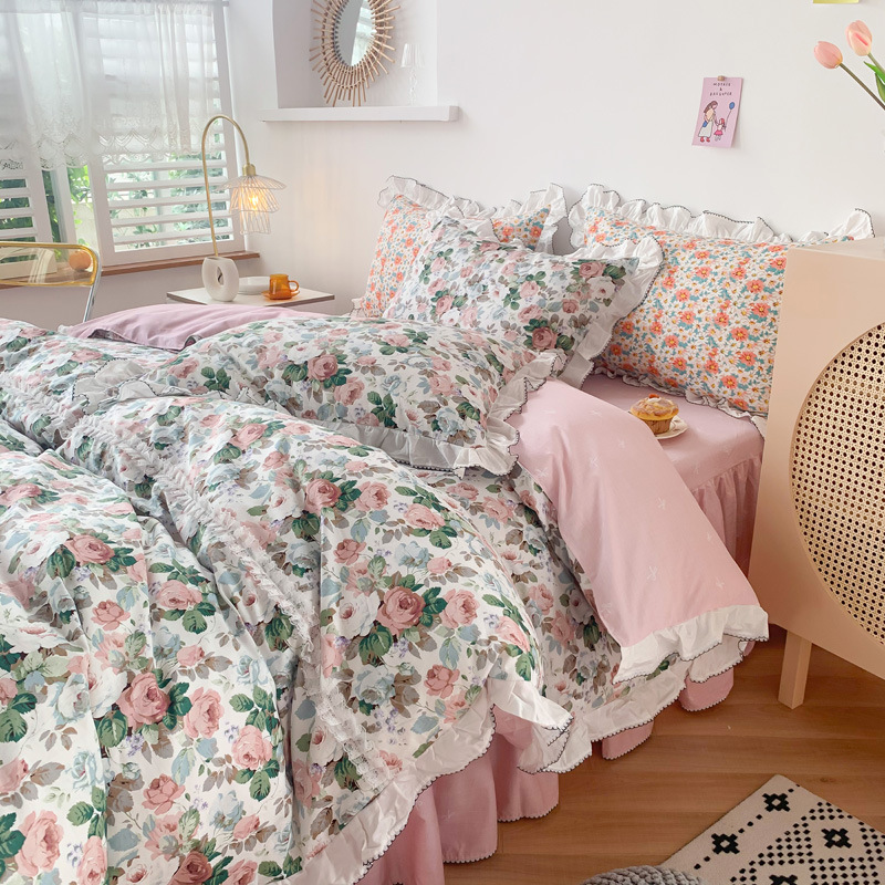 莫奈の花园。油画风复古轻美式田园花边公主风小碎花被套三四件套