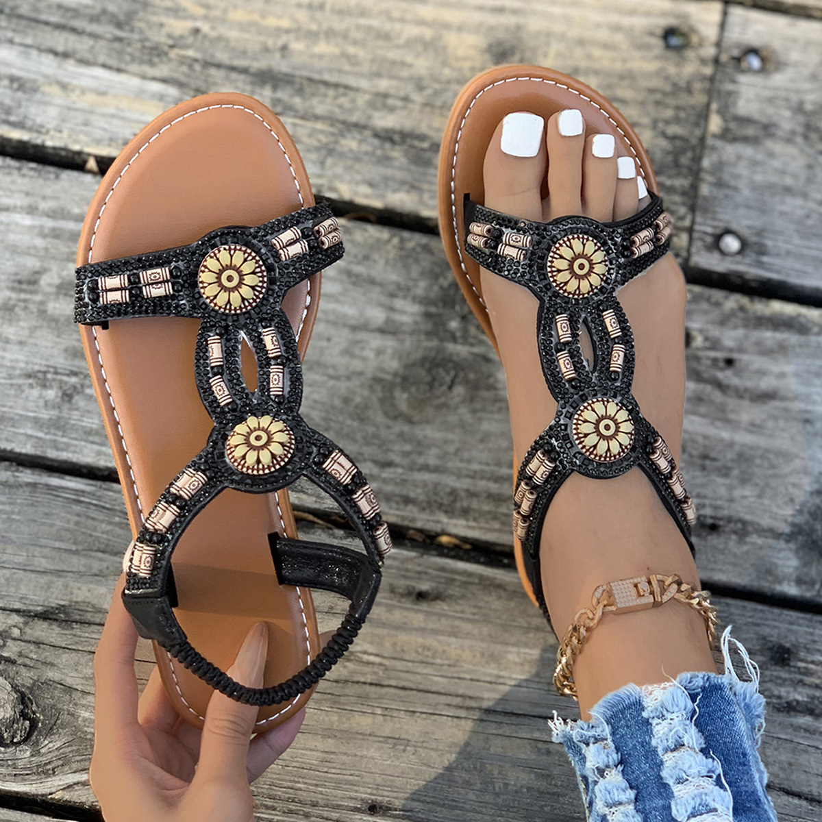 Bohemian 2024 Sommer Neue Perlen Wasser Diamant Bull Muscle Sohle Anti rutsch Schwangere frauen Schuhe Strand Sandalen_voghion.com