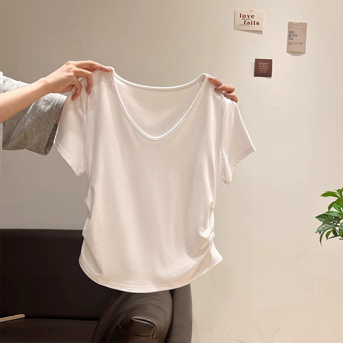 2025 Summer New Short Sleeve Top Modal V-Neck Double-Side Pleated Slimming High-End T-Shirt for Women Fashion