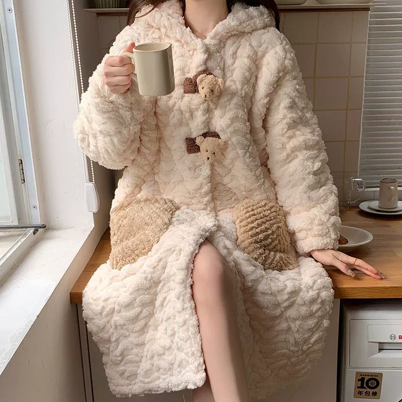 Зимний коралловый бархатный стеганый пижамный комплект, халат, флисовый тёплый набор, увеличенная толщина