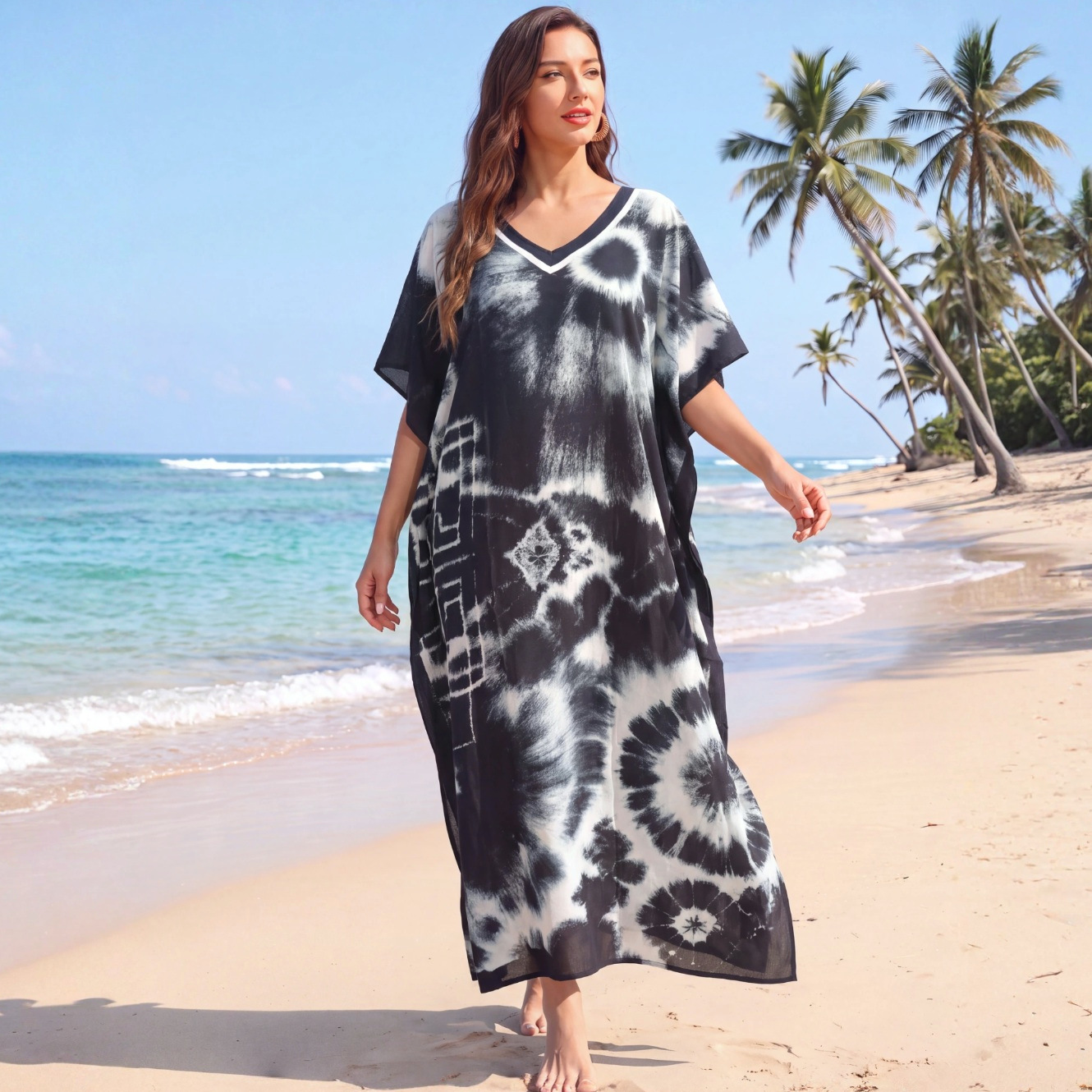 Rayon kaftan beach cover-up, bikini swimsuit outerwear, long split cover-up