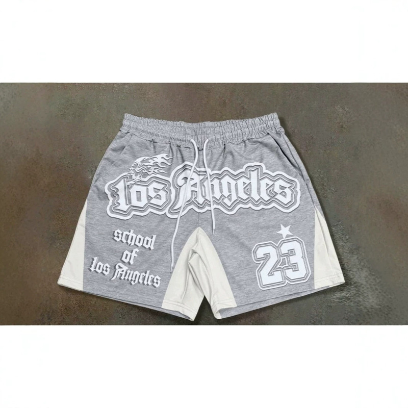 High Street Drawstring 3D Printed American-Style Digital Casual Sports Shorts with Letter Retro Color-Blocking Design